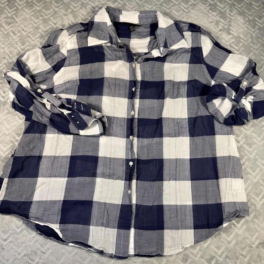 Lane Bryant Button Sleeve Shirt Womens 18/20‎ Blue White Excellent Buffalo Plaid